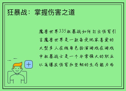 狂暴战：掌握伤害之道