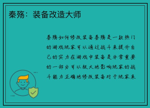 秦殇：装备改造大师