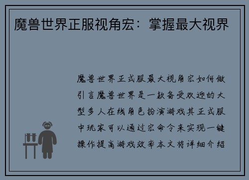 魔兽世界正服视角宏：掌握最大视界